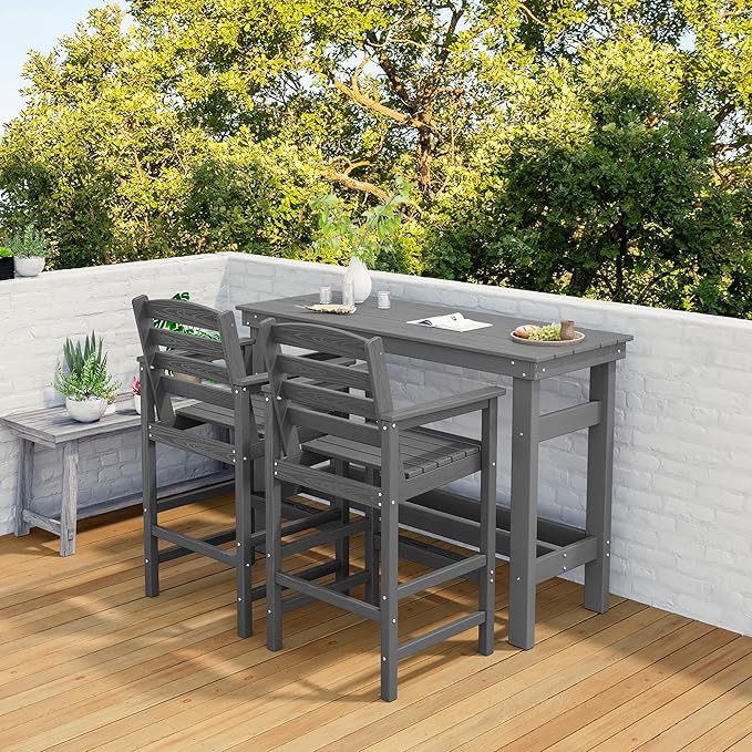 SERWALL Outdoor Bar Set - 4 Adirondack Bar Chairs & Bar Height Table with 1.6" Umbrella Hole, All-Weather HDPE Patio Furniture for Poolside, Backyard, Garden - Grey