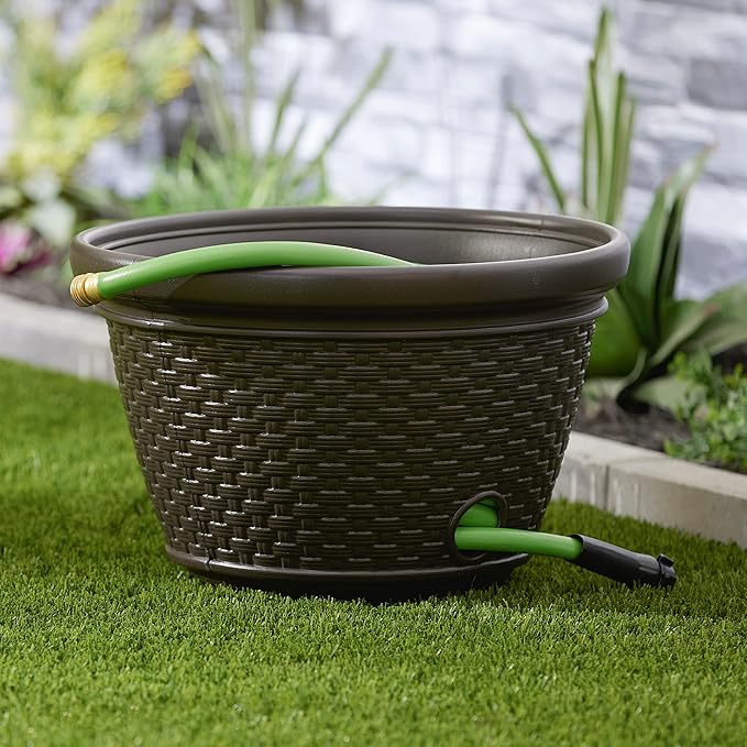 Suncast 3 Pack Decorative Wicker Garden Hose Holder Pot with 4 Drain Holes for 100 Foot Hoses, Java