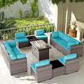 Kullavik 13 Pieces Outdoor Patio Furniture Set with 43" 55000BTU Gas Propane Fire Pit Table PE Wicker Rattan Sectional Sofa Patio Conversation Sets,Blue