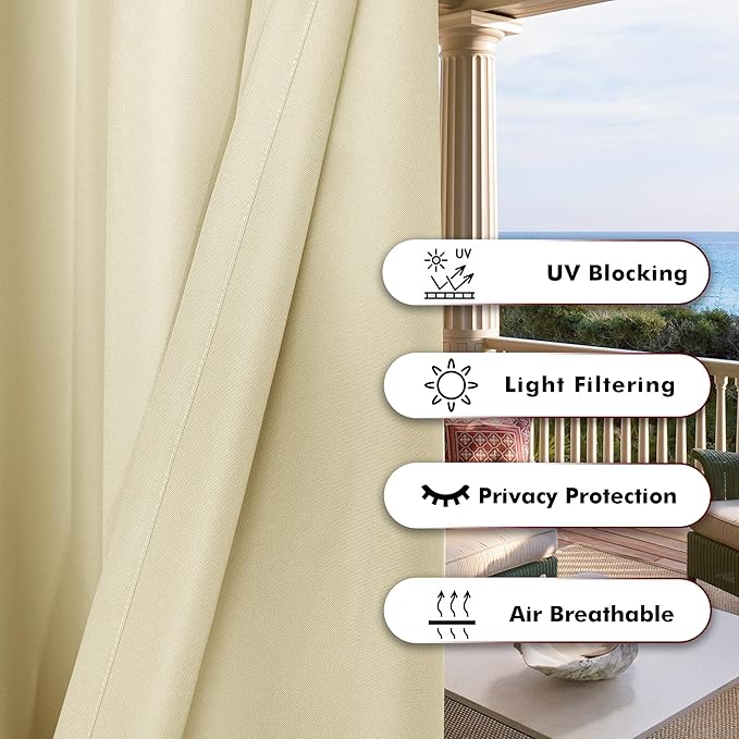 BONZER Outdoor Waterproof Curtains for Patio Privacy Grommet Light Filtering Outside Curtains for Gazebo, Porch, Pergola, Pavilion, 1 Panel, 84W x 120L inch, Cream