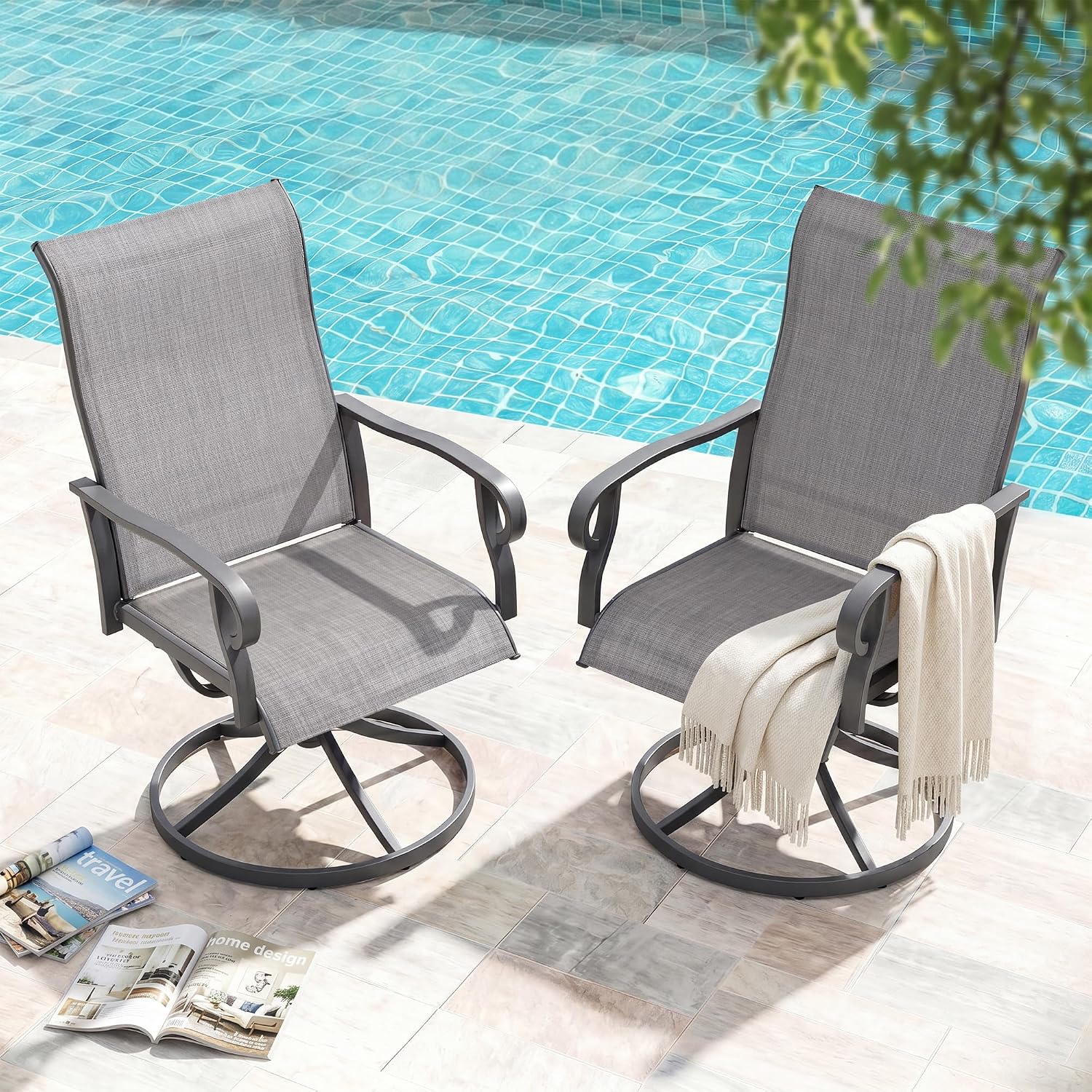 NUU GARDEN 2-Piece Patio Swivel Chairs, Swivel Dining Set, Light Gray | All-weather light gray textilene chairs for 2 Features 360-degree rotation and 15-degree rocking. High backrest for comfort