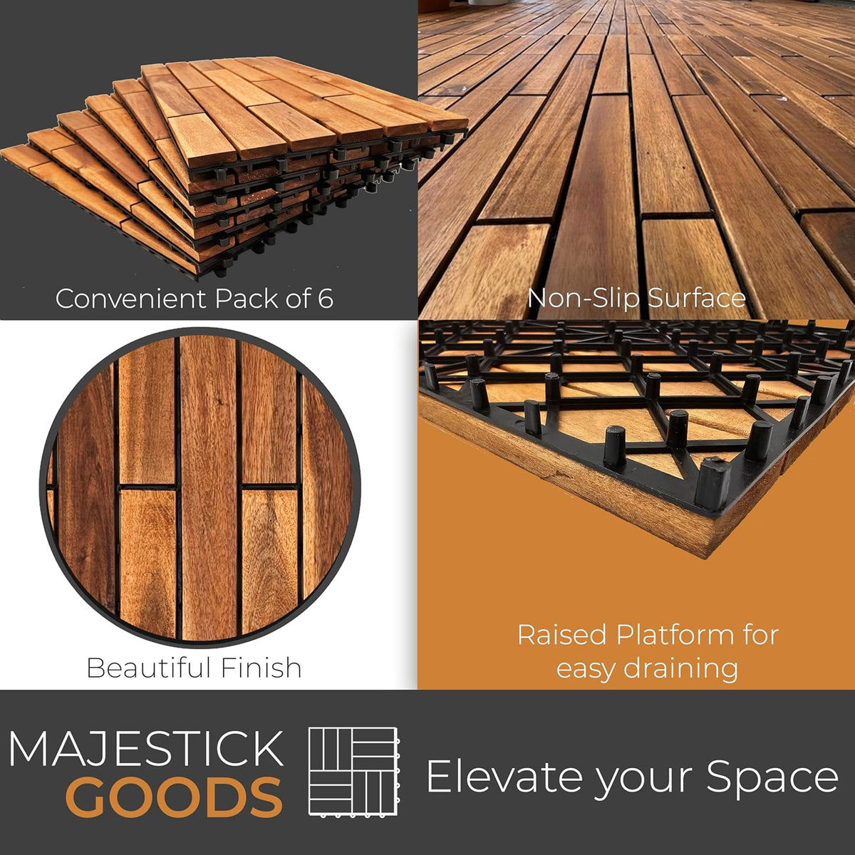 majestick goods 6-pack longboard acacia wood interlocking deck, close-up detail