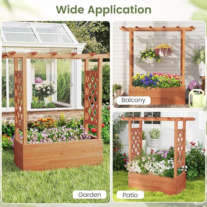 Giantex Raised Garden Bed with 2-Sided Trellis & Hanging Roof, Fir Wood Planter Box w/Drainage Holes, Freestanding Garden Planter for Flowers Herbs Climbing Vines (43"x15"x45")
