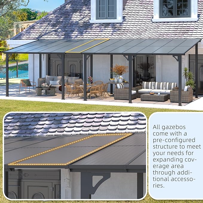 AECOJOY 14' x 12' Gazebo Outdoor Pergola, 12x14 Large Wall-Mounted Hard Top Lean to Metal Gazebo Shelter Pergolas and Gazebos Clearance with Patio Roof, Heavy Duty Awnings for Backyard, Decks