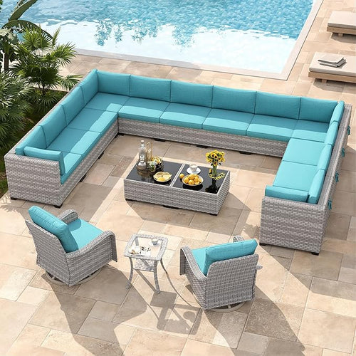 14-Seat Modern Patio Furniture Set with Swivel Rocking Chairs, Thick 4″ Cushions, Dual-Strand Wicker Rattan, Rust-Resistant Steel Frame – Outdoor Conversation & Modular Sectional,Blue