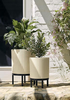Veradek Demi Series Round Planter w/Stand for Porch/Patio | Durable Plastic-Stone Composite & Wooden Stand | Modern Décor for Tall Plants, Flowers
