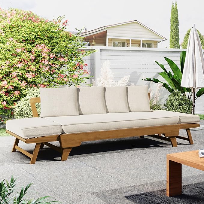 Merax Outdoor Patio Daybed Sofa,3-Seat Sofa with Foldable Arm 4 Back Pillows,Teak Acacia Wood Frame Beige Removable Cushion,Teak+ Beige