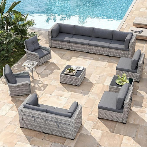 10-Seat Modern Patio Furniture Set with Swivel Rocking Chairs, Thick 4″ Cushions, Dual-Strand Wicker Rattan, Rust-Resistant Steel Frame – Outdoor Conversation & Modular Sectional,Black
