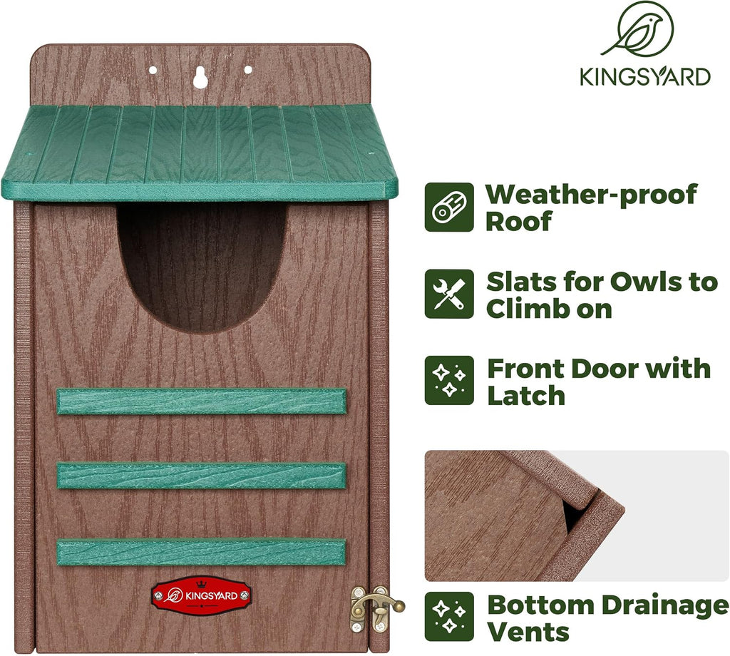 Kingsyard Large Recycled Plastic Wooden Owl House, Waterproof Screech Owl Bird Boxes for Outside, Owl Nesting Box Kit with Screws Ideal for Wildlife, Elf, Pygmy, Garden, Air Ventilation. Green