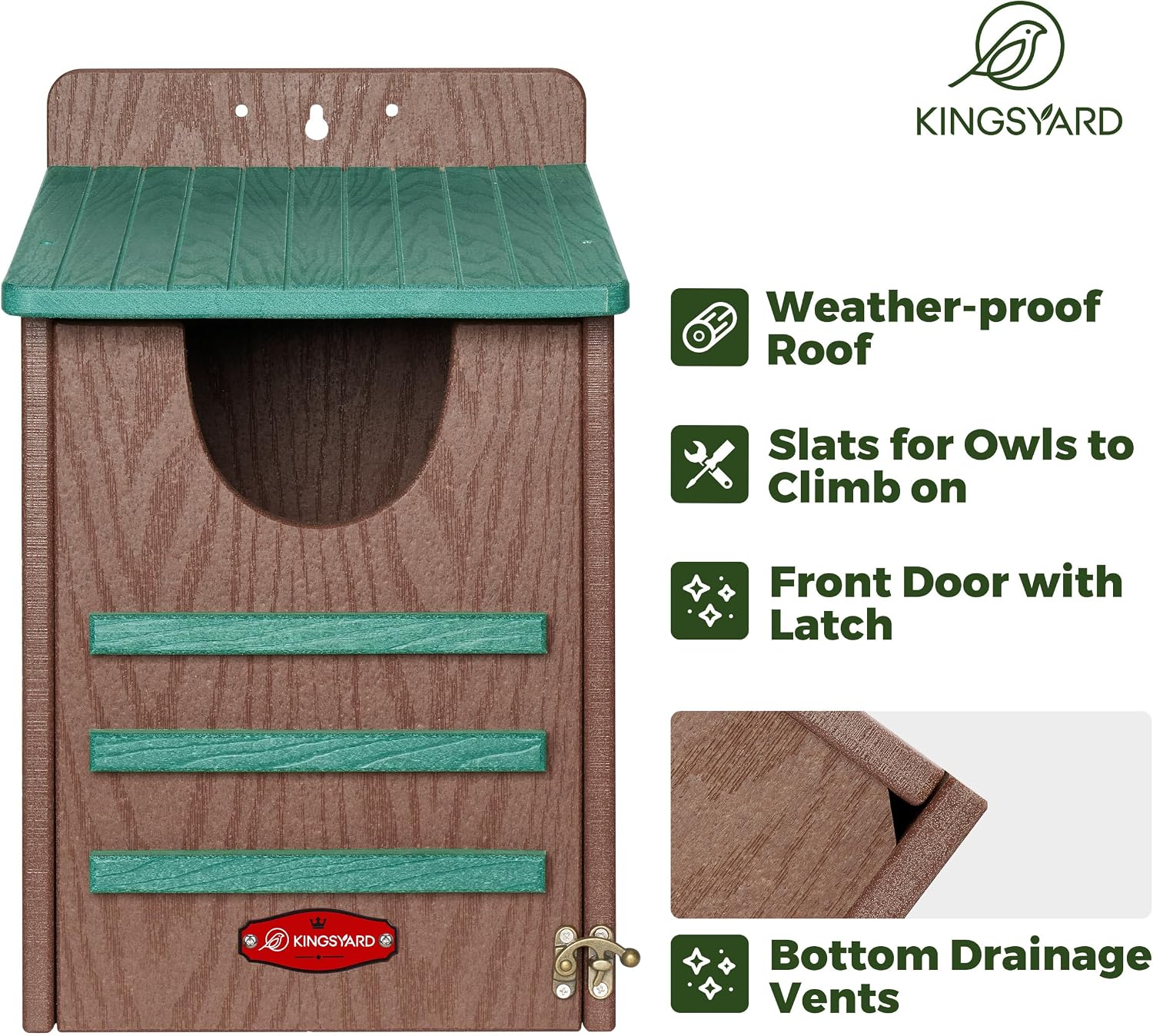Kingsyard Large Recycled Plastic Wooden Owl House, Waterproof Screech Owl Bird Boxes for Outside, Owl Nesting Box Kit with Screws Ideal for Wildlife, Elf, Pygmy, Garden, Air Ventilation. Green