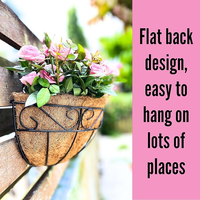 LaLaGreen Large Wall Planter Outdoor - 2 Pack, 14 Inch Large Fence Hanging Flower Baskets with Coco Liner, Herb Pots Holder Rail Planter Outside Railing Deck Porch Balcony Vertical Garden Privacy Wall