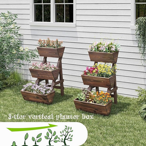 3-Tiers Wooden Raised Garden Bed Tiered Planter Box Flower Pots Vertical Garden Planter Wood Plant Stand Planter Kit for Vegetables Flowers Herbs for Patio Balcony Freestanding (Carbonized S)