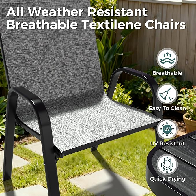 Pamapic Outdoor Dining Sets for 4, Square Steel Slat Table with 4 Textilene Chairs, 5 Piece Patio Table and Chairs Set with Adjustable Umbrella Hole for Patio,Garden, Backyard, and Poolside (Grey)