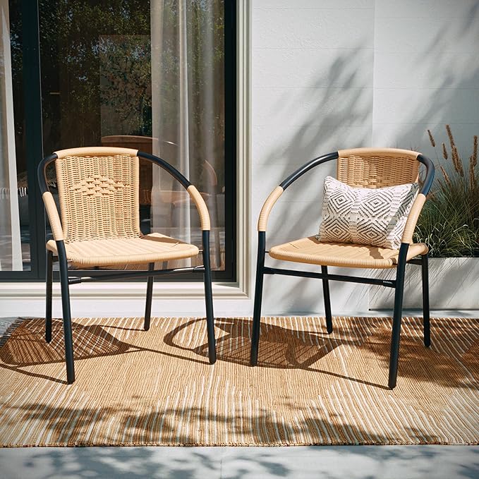 EMMA + OLIVER Set of 2 Modern Rattan Indoor/Outdoor Stack Chairs, Stacking Rattan Patio Chairs with Curved Back and Cross Bracing, Beige