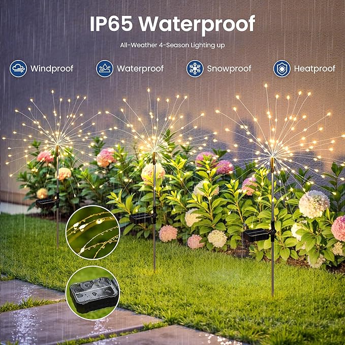 Solar Lights Outdoor, 120LED 4pack Fairy Garden Lights Decor for Outside Fireworks Lights Solar Powered for Yard, Patio, Pathway, Walkway, Balcony, Warm White