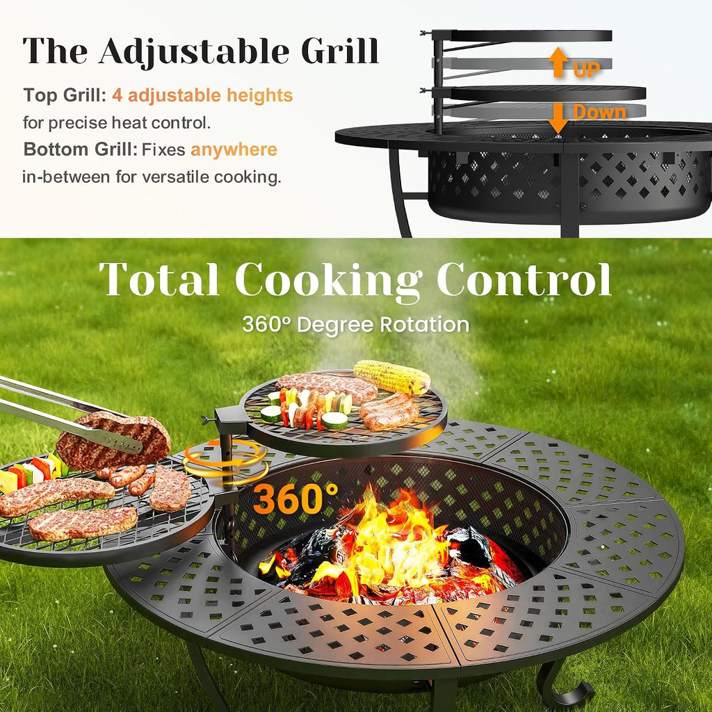 43" fire pit, firepit with adjustable 2 grills showing dimensions