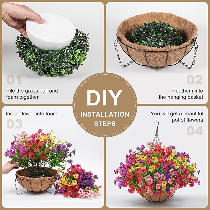 2 Set Artificial Faux Hanging Plants Flowers Basket for Outdoors Spring Summer Decoration, 2 Hanging Planters with 24pcs Fake Silk Flowers UV Resistant for Outside Porch Patio Garden Home 6 Multicolor