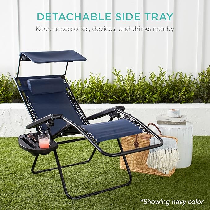 Best Choice Products Folding Zero Gravity Outdoor Recliner Patio Lounge Chair w/Adjustable Canopy Shade, Headrest, Side Accessory Tray, Textilene Mesh - Brown
