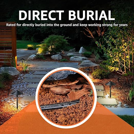 SUNVIE 12/2 Low Voltage Landscape Wire 250FT with Spool Outdoor Landscape Lighting Cable 12 Gauge 2 Conductors Low Voltage Wire for Landscaping Lights, ETL Listed, Pure Copper, Direct Burial