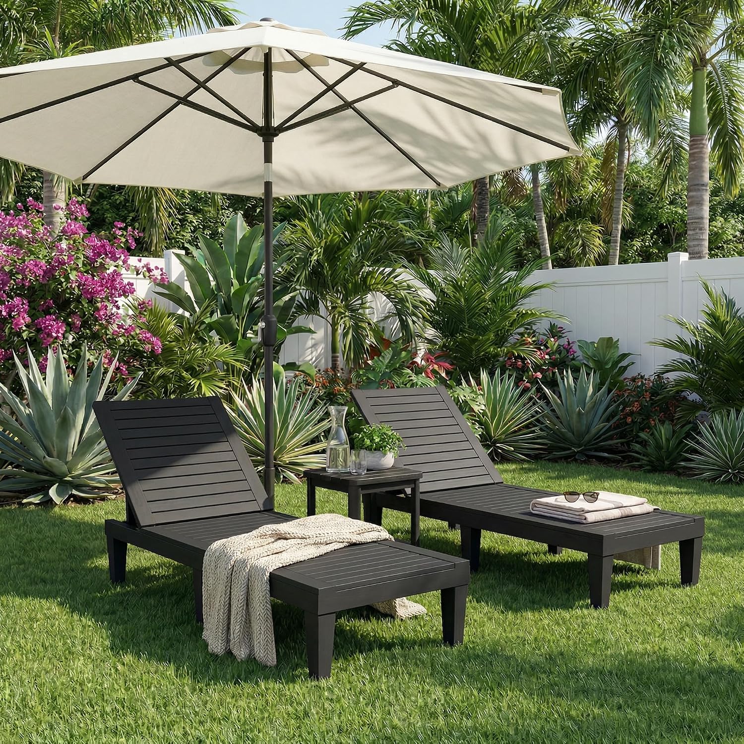 EFU Lounge Chair Outdoor, Set of 2 High-Impact PP Tanning Chairs, Black | All-Weather UV-Resistant & Waterproof Patio, Heavy Duty Pool Lounge Chairs Great for Pool & Yard, 5 Position Adjustable