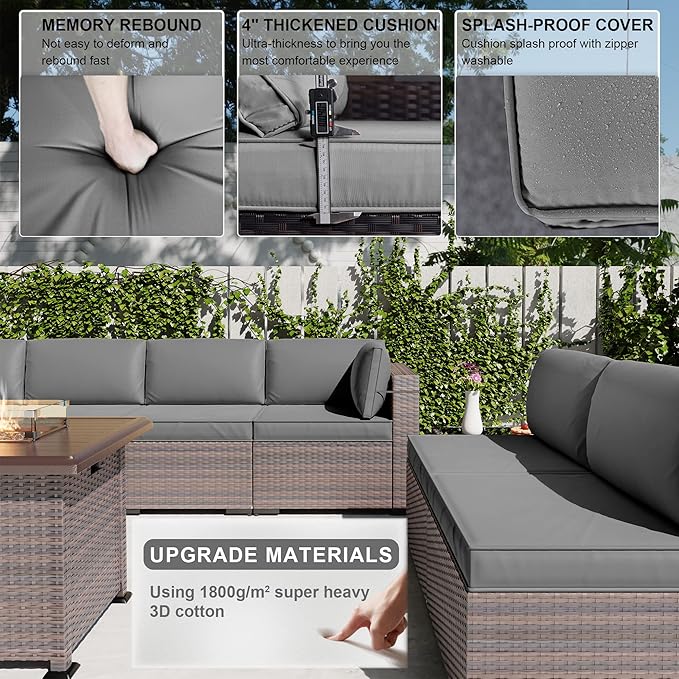 Kullavik 13 Pieces Outdoor Patio Furniture Set,PE Wicker Rattan Sectional Sofa Patio Conversation Sets with 43" 55000BTU Gas Propane Fire Pit Table,Swivel Rocking Chairs Set,Grey