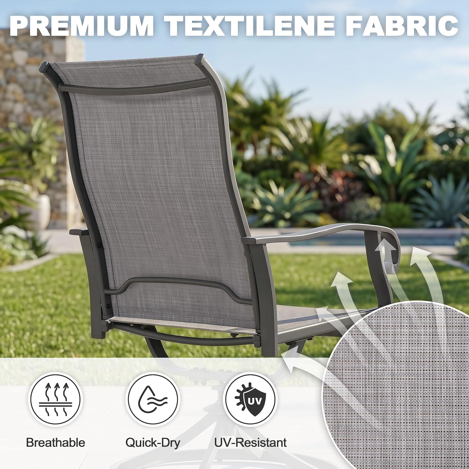 NUU GARDEN 2-Piece Patio Swivel Chairs, Swivel Dining Set, Light Gray | All-weather light gray textilene chairs for 2 Features 360-degree rotation and 15-degree rocking. High backrest for comfort
