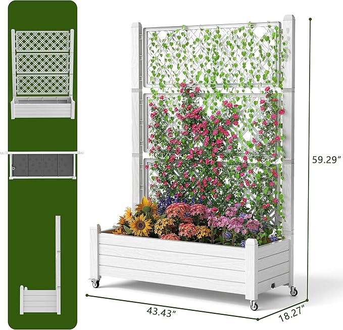 EasyUp Raised Garden Bed with Trellis for Climbing Plants,Outdoor Herb Garden Planter with Drainage Plug and Gauge,Durable Dust-Proof Resin for Garden, Patio, Balcony, and Backyard
