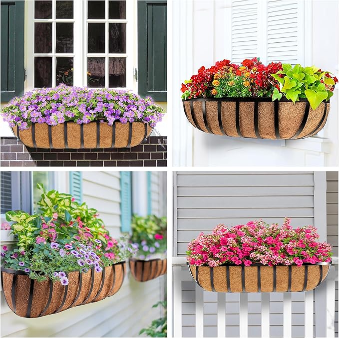 HFHOME 2 Pcs 24" Window Box Deck Railing Planter with Horse Trough Coco Liners, Black Metal Hanging Flower Planters Baskets for Indoor, Outdoor, Balcony, Porch, Fence, Patio, and Lawn