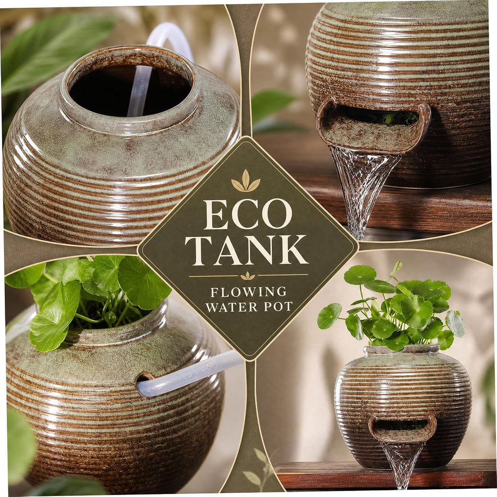 Indoor Water Fountains Small Kiln Fountain Spitter with Wide U-spout, Ceramic Pond Water Features for Fish Pond Circulation and Hydroponic Plant Decor Black