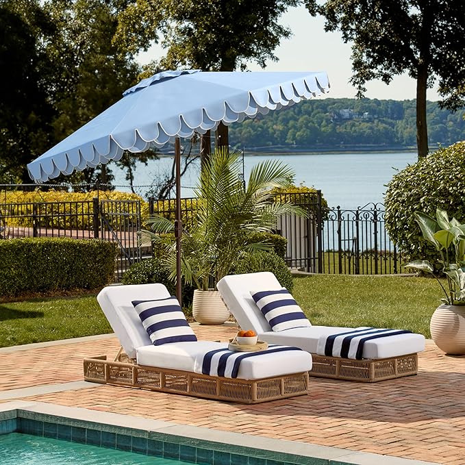 SAFAVIEH 9ft Outdoor Patio Umbrella, Round, Valance, Baby Blue & White Trim, Auto Crank Tilt, UV Resistant for Deck, Backyard, Poolside (PAT8006U)