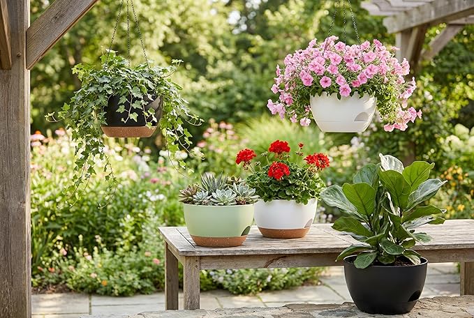 Hanging Planters 3-Pack, 8 Inch Self-Watering Hanging Pots with Drainage Hole and Chains, Plastic Planters for Indoor Outdoor（Black Brown）