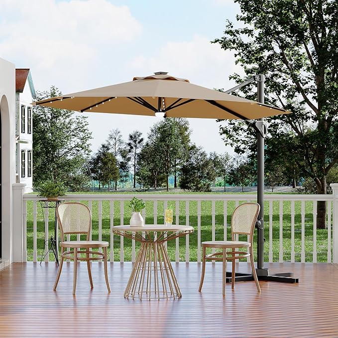 Garvee 10 ft Cantilever Patio Umbrella with Solar Lights, 360°Rotation Offset Umbrella, Easy Crank & Tilt Adjustment, UV Protection for Backyard, Poolside, Deck