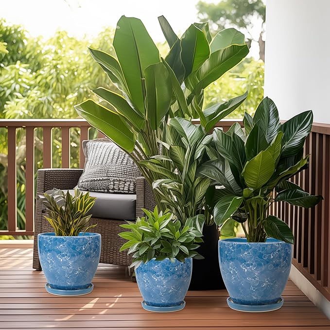 Ceramic Flower Pot - 10 Inch Planter with Drainage Hole and Saucer, Modern Large Planters, Decorative Plant Pot for Indoor Ourdoor, Room Home Garden Porch Decor, Plant Lover Gifts, Blue