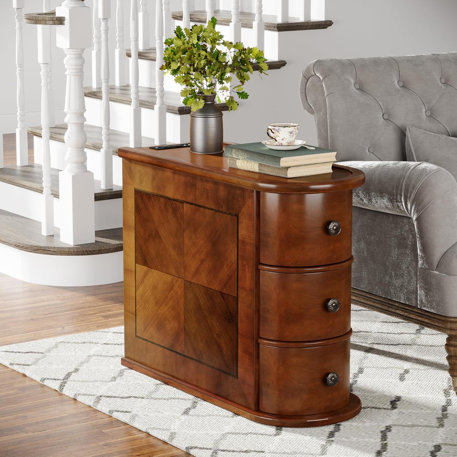 Solid Wood End Table with Charging Station, No Assembly Required Narrow Sofa Side Table for Living Room, Vintage Slim Nightstand Bedside Table (3 Drawers, Brown, 1Pc)
