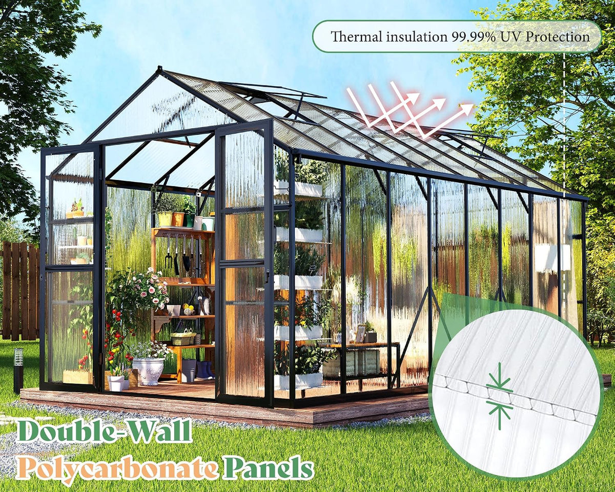 amerlife 7.5x16x7.5 ft walk-in polycarbonate greenhouse for outdoors showing dimensions