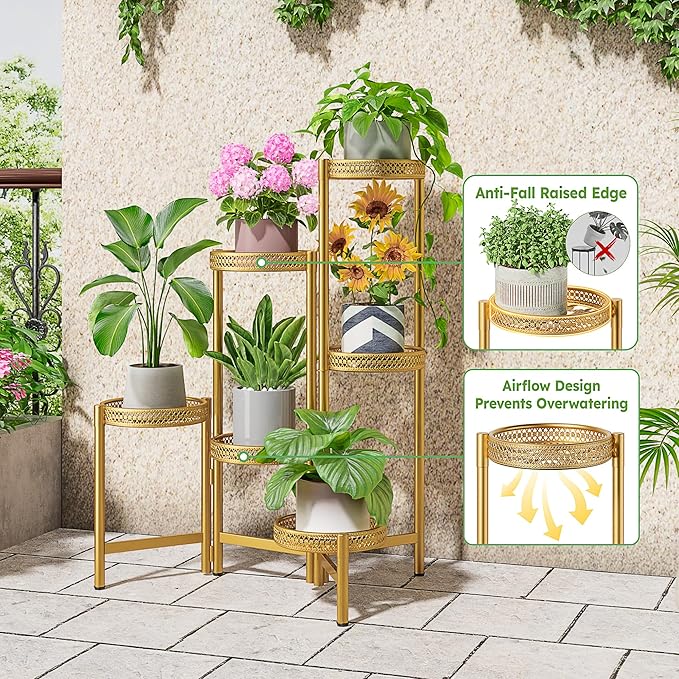 7 Tiered Metal Corner Plant Stand Indoor Outdoor, Tall Large Folding Rack with Rust Proof 10 Inch Wide Tray, Heavy Duty Flower Shelf for Multiple Plants for Patio - GoldWave