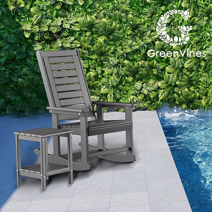 GREENVINES Outdoor Rocking Chair Set | 3-Piece | 2 Rocking Chairs with 1 Side Table | Porch Rocker | HDPE Plastic | Grey | Patio Furniture Sets | High Back | Big & Tall | Ladder Back