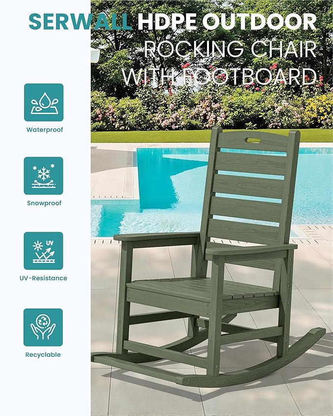SERWALL Outdoor Rocking Chair, Oversized Rocking Chair with Footrest for Adults, HDPE All Weather Resistant Rocking Chairs for Patio, 350lbs Weight Capacity, Avocado Green