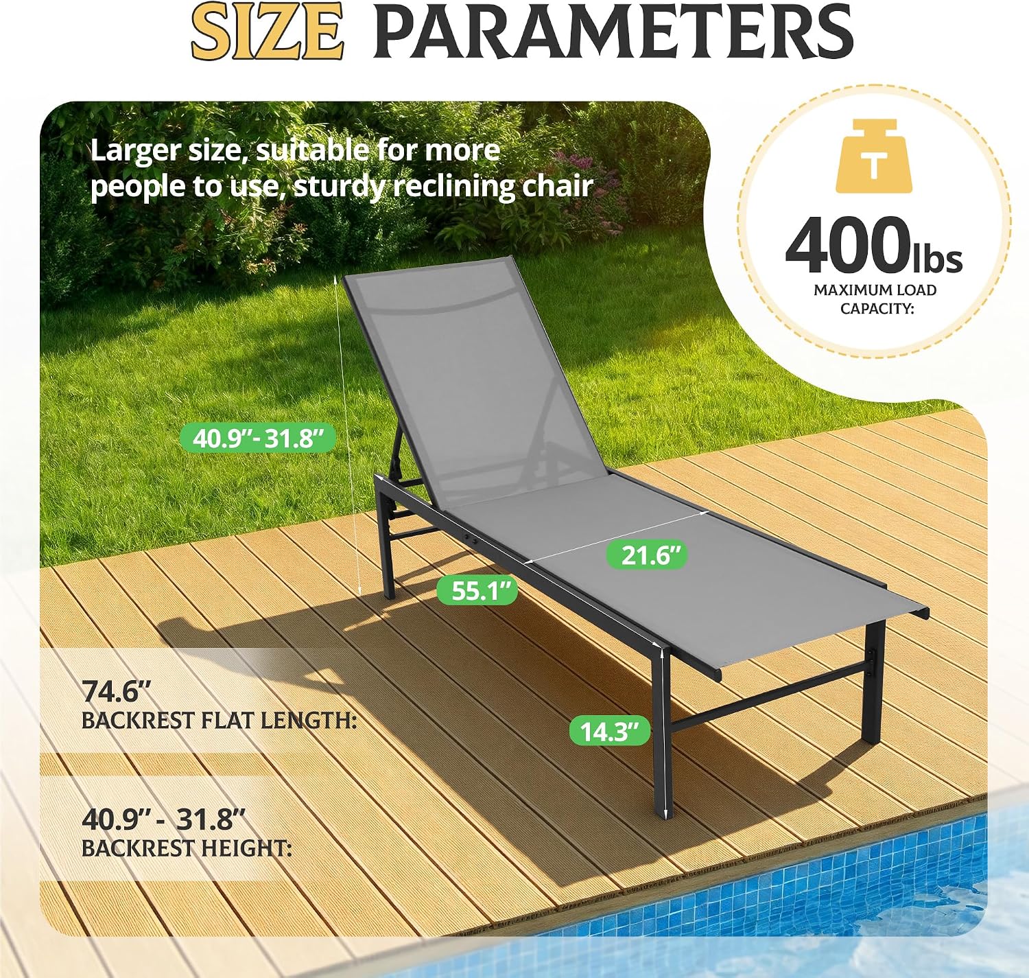 Chaise Lounge Chair Outdoor, Patio Lounge Chair with Adjustable 5-Position, Pool Lounge Recliner Chairs for Outside, Beach, Yard,Gray