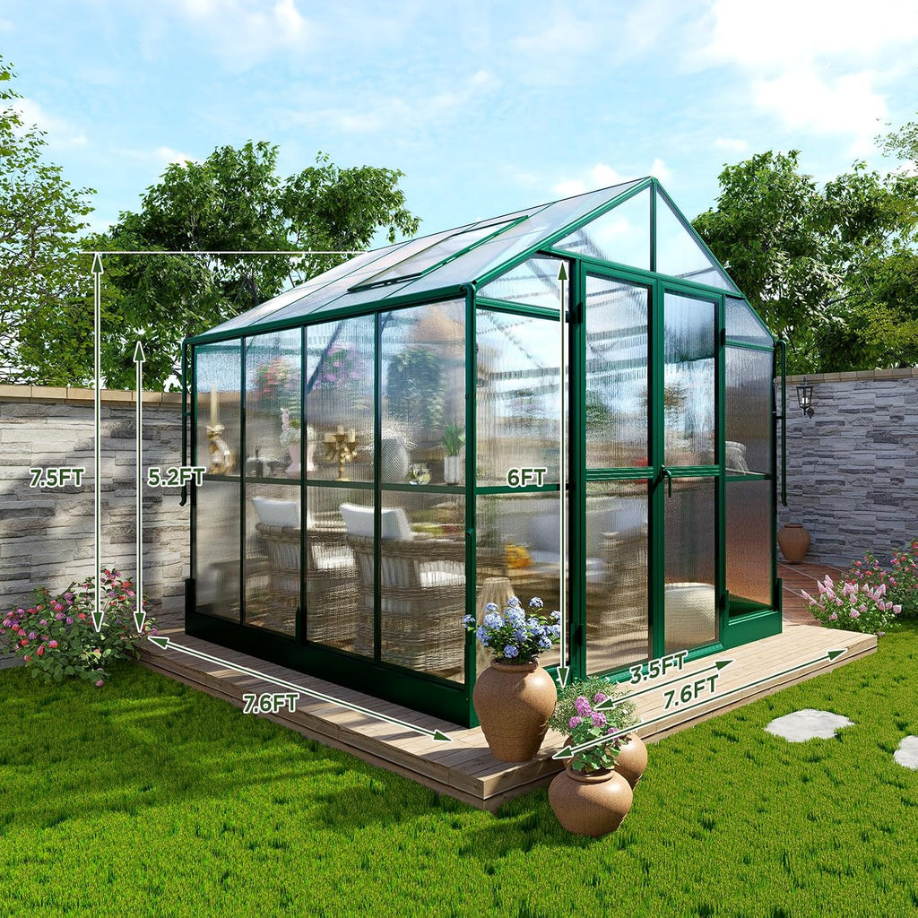 howe 8x8x7.5 ft polycarbonate greenhouse with lockable swing shown in use