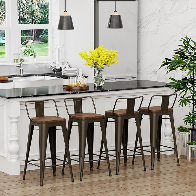 Yongchuang 26 inch Bar Stools Set of 4 Industrial Kitchen Counter Height Barstools with Wood Seat Metal Low Back Bar Chairs Gunmetal