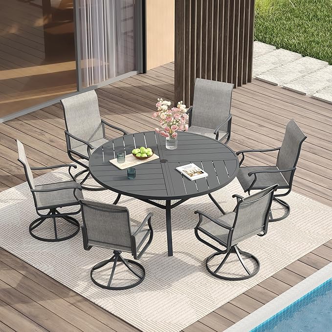 VICLLAX Round Patio Table with Adjustable Umbrella Hole for 6, All Weather Metal Outdoor Dining Table for Lawn Garden, 50" Outdoor Coffee Table, Grey Tabletop