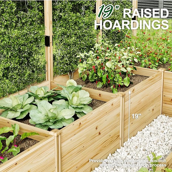 AMERLIFE Raised Garden Bed with Deer Proof Fence, 7.5Wx17Dx6H Outdoor Wooden Raised Garden Bed Planter with 19" Depth Planter Box