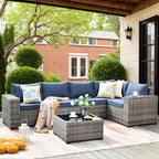 ovios 6 Pieces Patio Furniture Set, Outdoor Wicker Sectional Sofa with Glass Table Comfy Cushions, Modern Modular Deep Seat Couch Rattan Conversation Set, Denim Blue