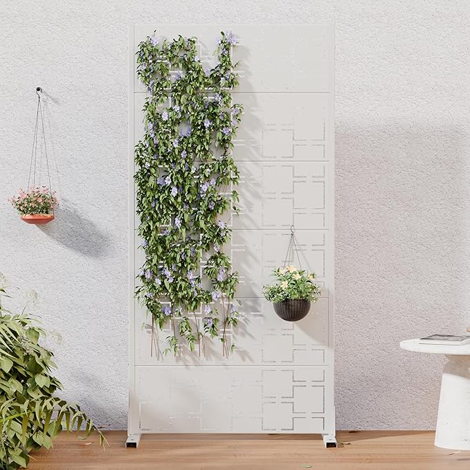 Casaphoria Metal Privacy Screen Outdoor, 72" H x 35" W Freestanding Decorative Privacy Screen for Patio Deck Balcony Garden with Stable Base, White-Square
