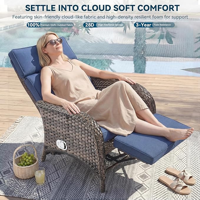 3 Pieces Zero Gravity Wicker Patio Recliner Chairs Set of 2 - Wicker Outdoor Lounge Chair with Side Table, Adjustable Backrest & Footrest, High Back Outdoor Recliner Chair for Pool Deck Blue