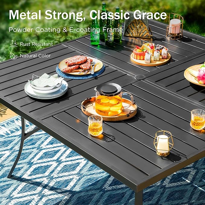 PHI VILLA Large Outdoor Square Dining Table for 8, 60" Metal Steel Slat Table with Umbrella Hole, Weather-Resistant Dining Fruniture for Patio, Deck, Backyard, Porch - Black