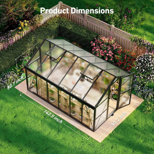 8x12 ft greenhouse with hygrometer, windproof warm plant shown in use
