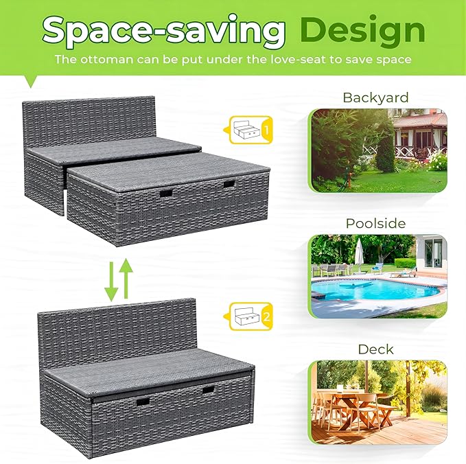 Greesum Outdoor Daybed Set Multifunctional Wicker Lounge Bed Furniture with Two Side Tables, Cushions, Storage Bench for Porch Lawn Patio Beach, OneSize, White