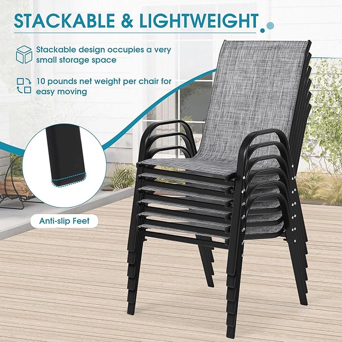 Outdoor Stackable Chairs Set of 6, Stacking Patio Chairs with Textilene Fabric, Outside Furniture for Garden Backyard Balconie Poolside Deck, Grey